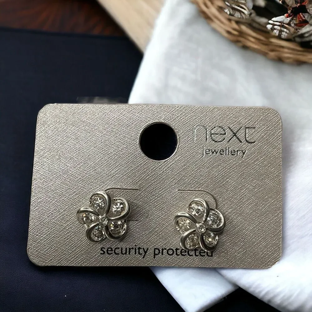 New with tags‎ Next Silver Clear Diamante Stud Flowers Earrings Women Small